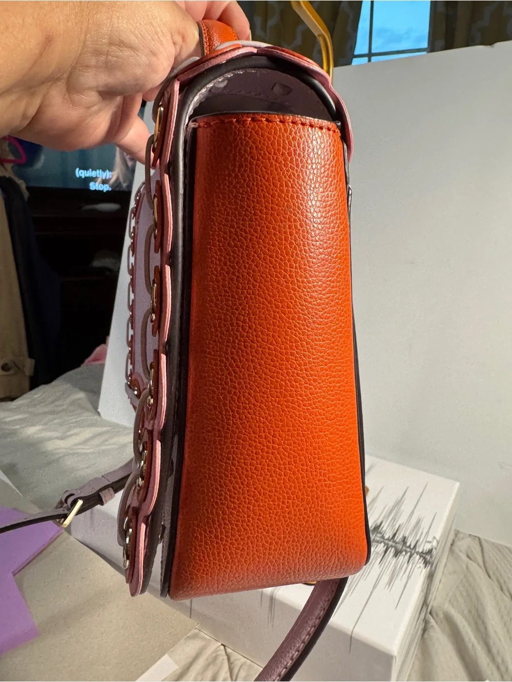 kate spade Pink Leather Scalloped Trim Crossbody with orange accents and strap